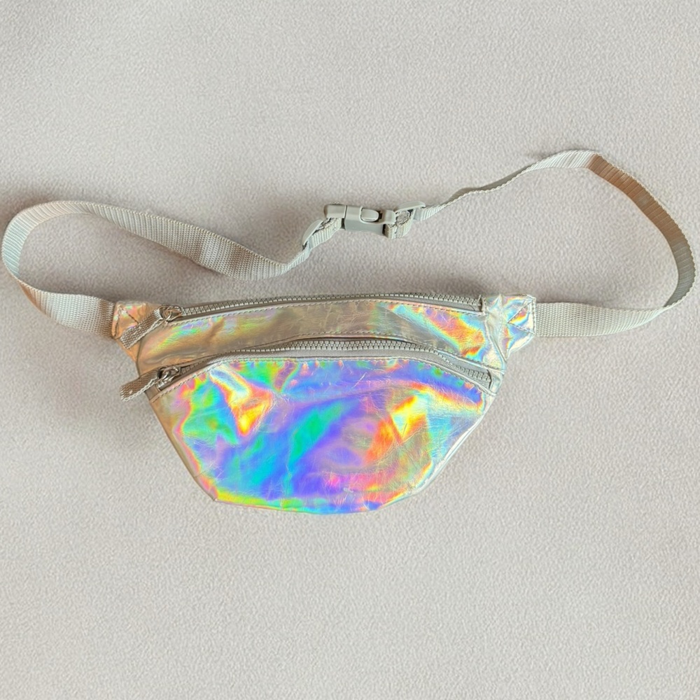 Silver Iridescent 2 Zipper Fanny Pack Travel Pack Crossbody Pack